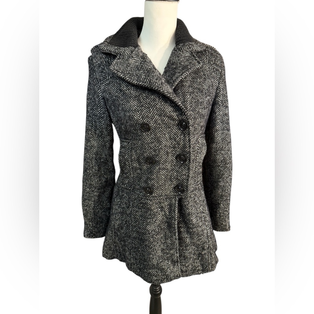 Guess Los Angeles Women's sz Small Black White Herringbone Pea Coat wool nwt new